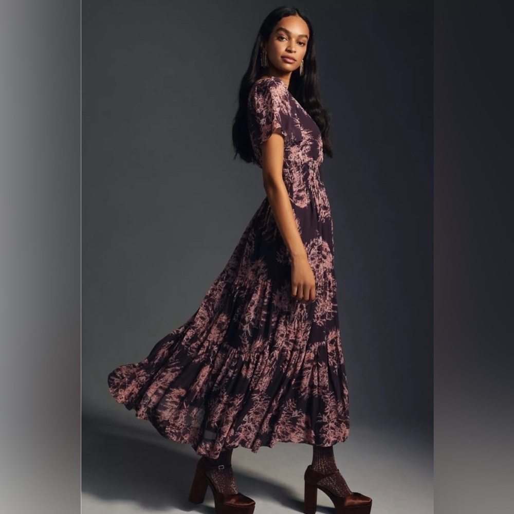 Anthropologie Plum and Blush Tie-Dye Tiered Maxi Dress